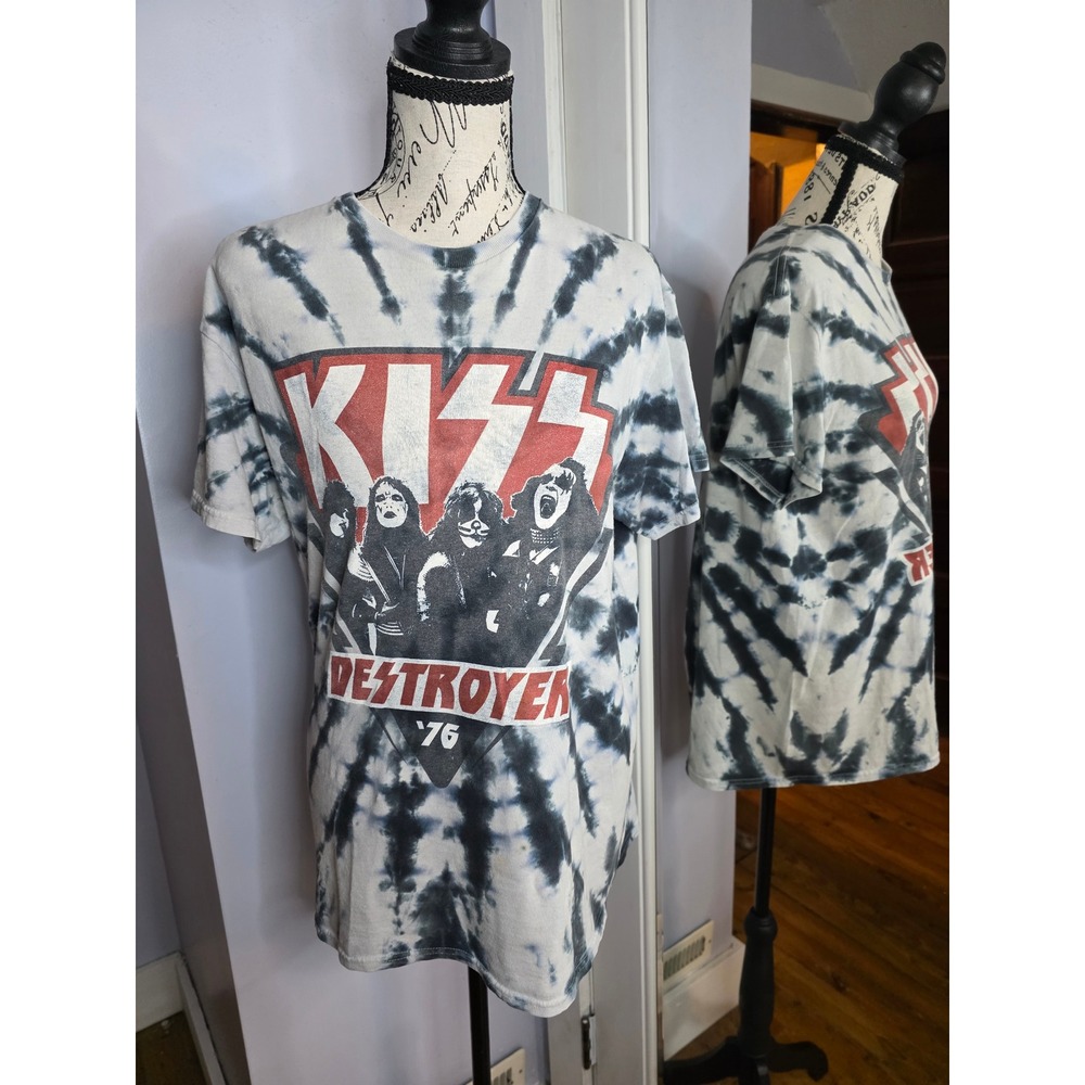 KISS Destroyer 76 Band T-Shirt Mens Large Black White Tie Dye‎ Graphic Rock Tee